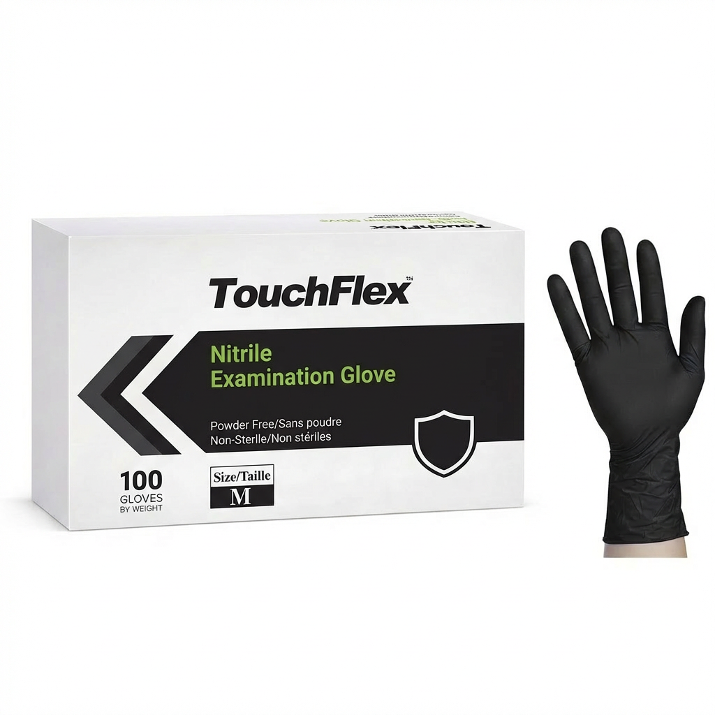 Intco TouchFlex 5.5 Mil Black Nitrile Gloves - Powder-Free - Case of 10 Boxes / 1,000 Gloves