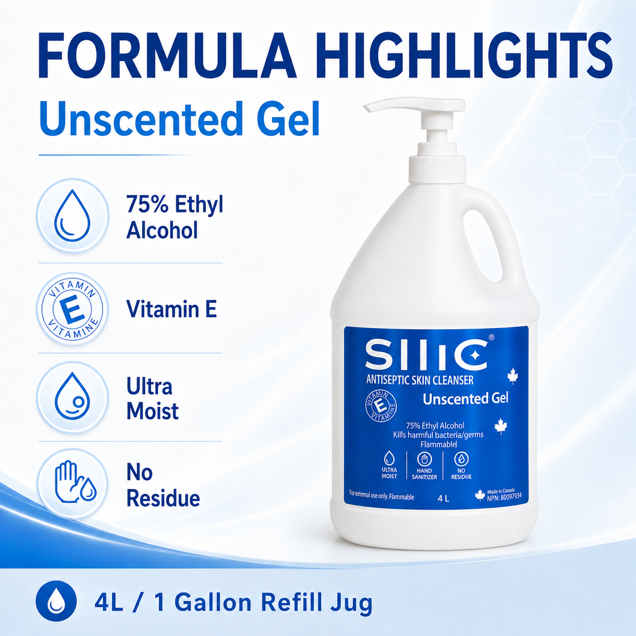Gel hydroalcoolique pour les mains (4 x 4 litres) fabriqué au Canada - 70 % d'alcool de qualité alimentaire