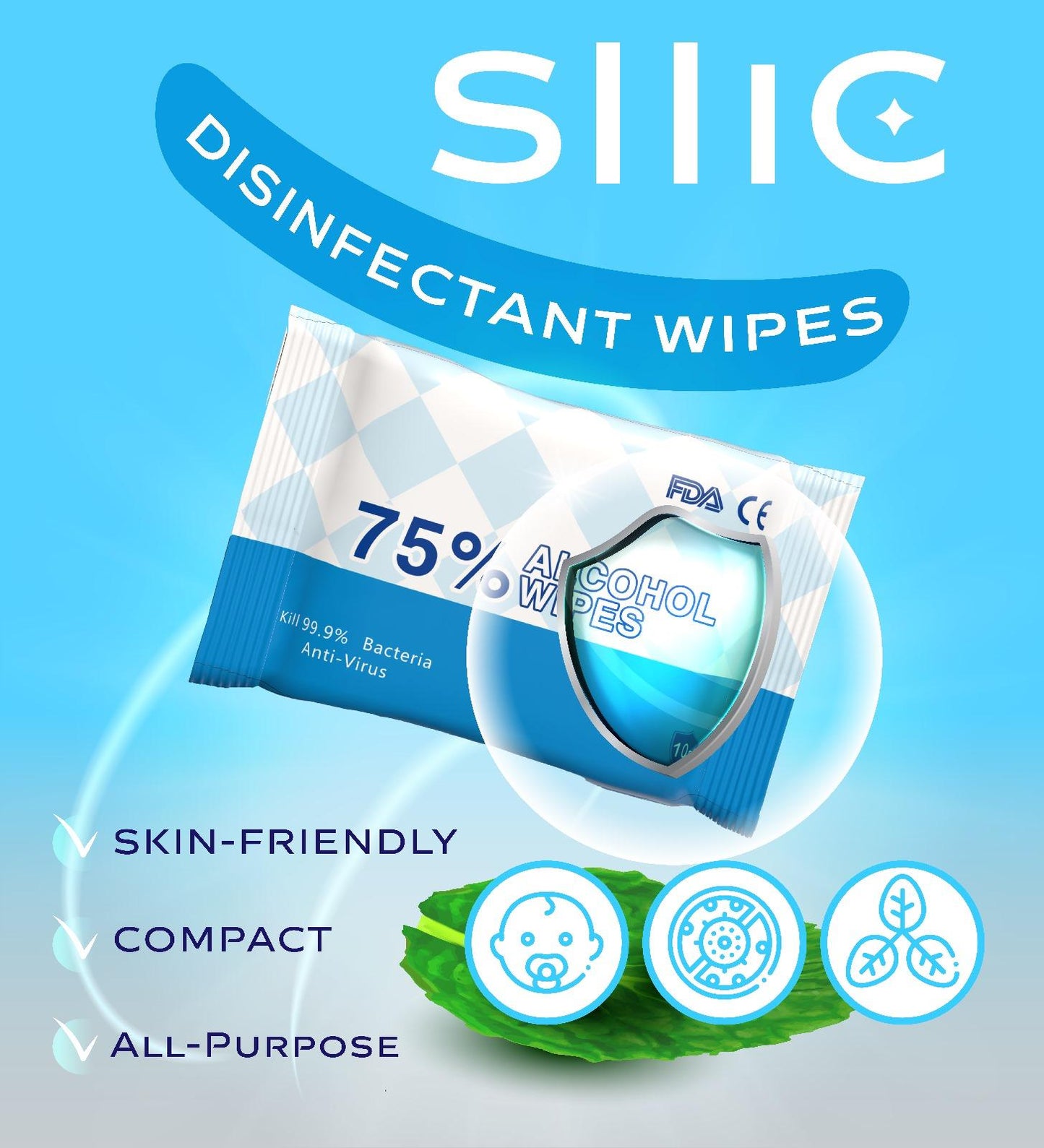 Sllic® 10s - 75% Alcohol Wipes - Packs of 10 Sheets (10/30/100 Packs)