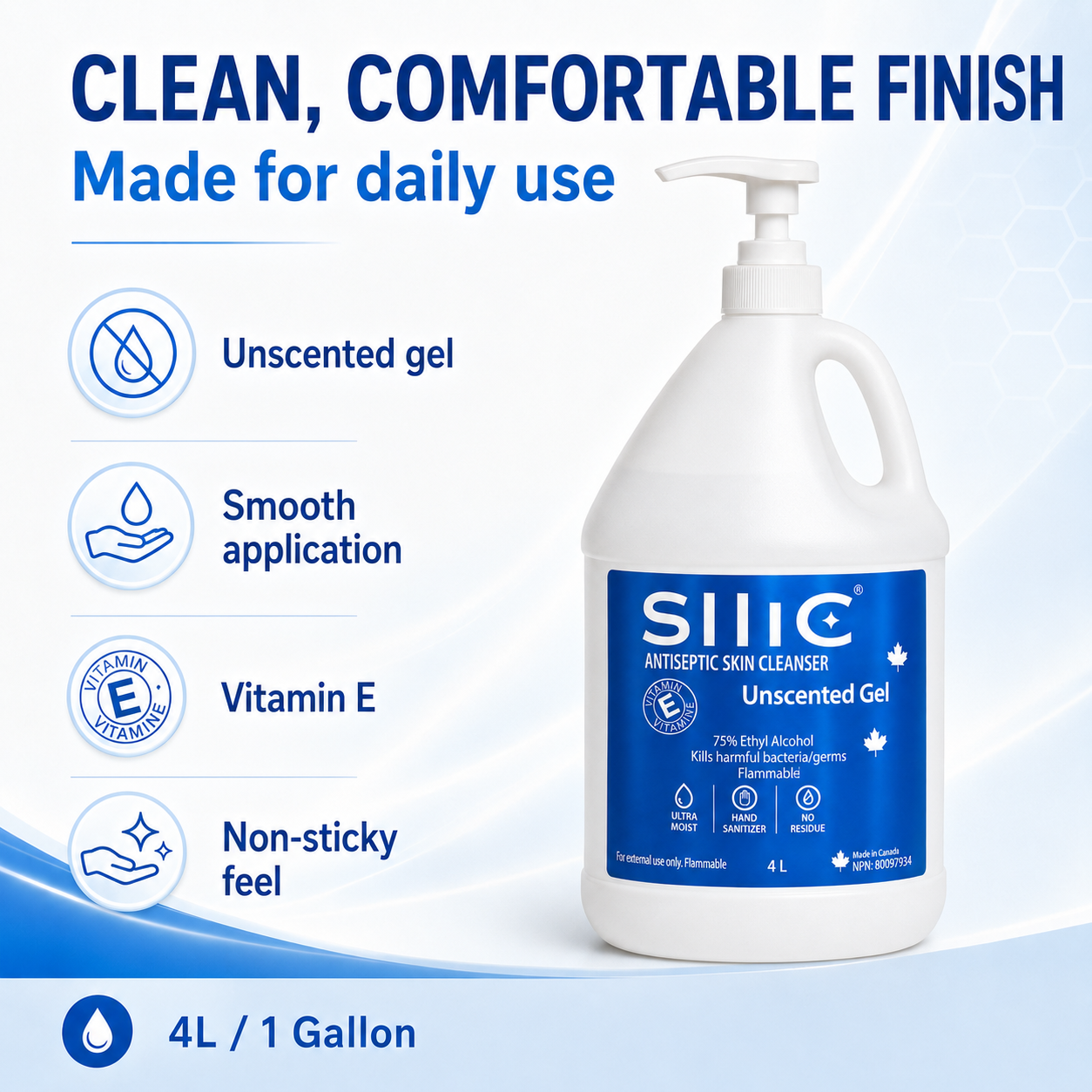 Gel hydroalcoolique pour les mains (4 x 4 litres) fabriqué au Canada - 70 % d'alcool de qualité alimentaire