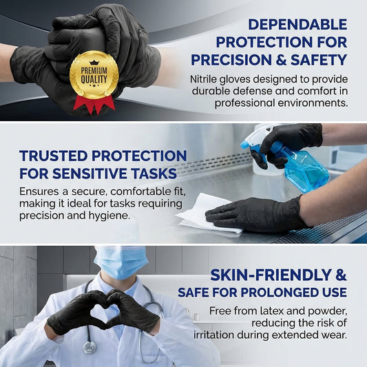 Intco TouchFlex 5.5 Mil Black Nitrile Gloves - Powder-Free - Case of 10 Boxes / 1,000 Gloves